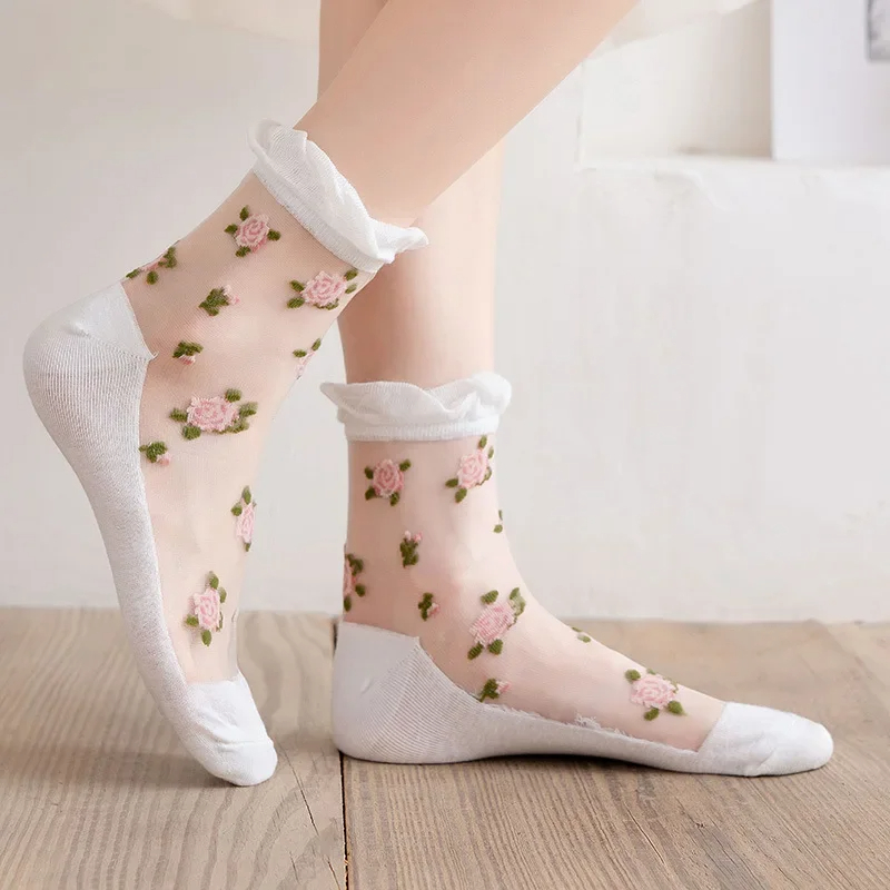 Transparent Ruffle Rose Crew Socks (5 Colours)