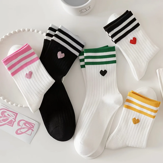 Sporty Striped Heart Crew Socks (5 Colours)