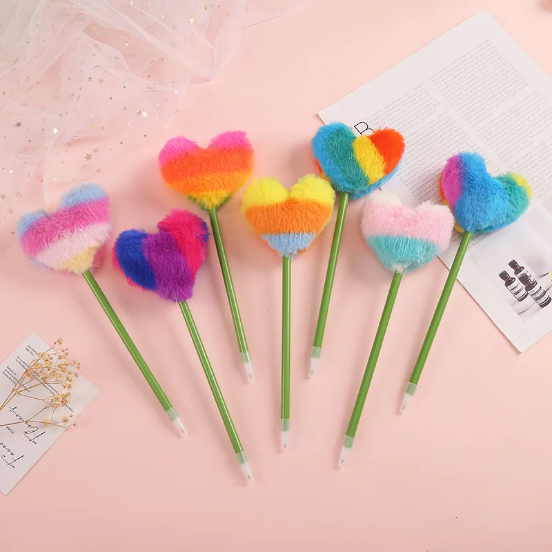 Fluffy Rainbow Heart Pen