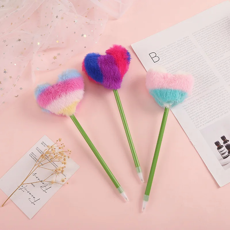 Fluffy Rainbow Heart Pen