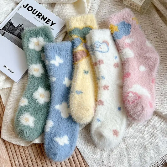 Fluffy Illustration Crew Socks (5 Designs)