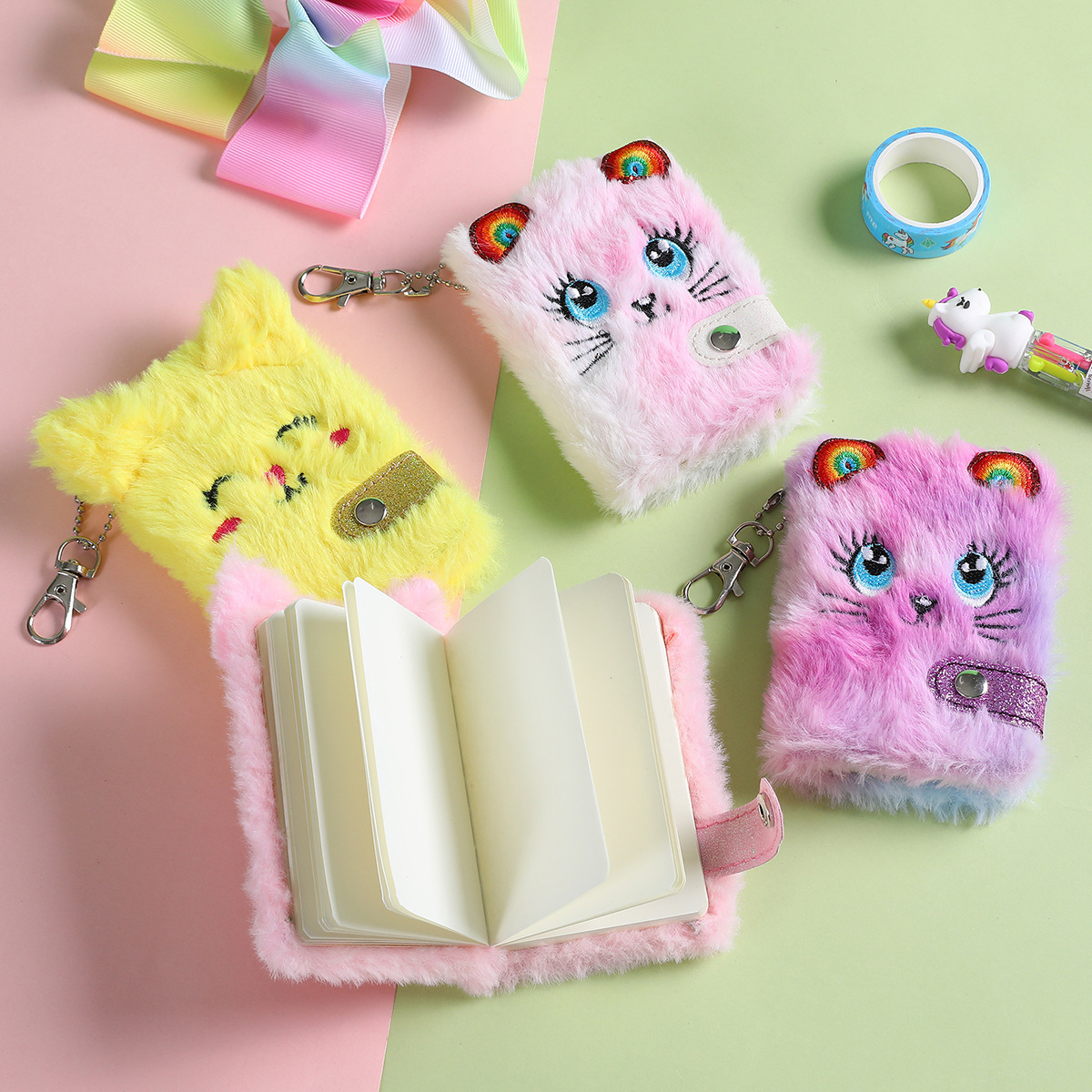 Plush Clip On Rainbow Kitten Mini Notebook (4 Designs)