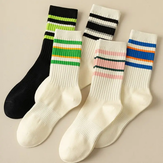 Multicolour Vintage Style Stripe Crew Socks (5 Colours)