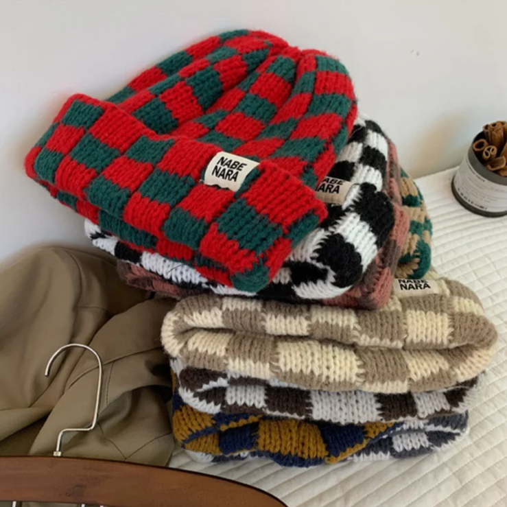 Checkerboard Knit Foldover Beanie Hat (8 Colours)