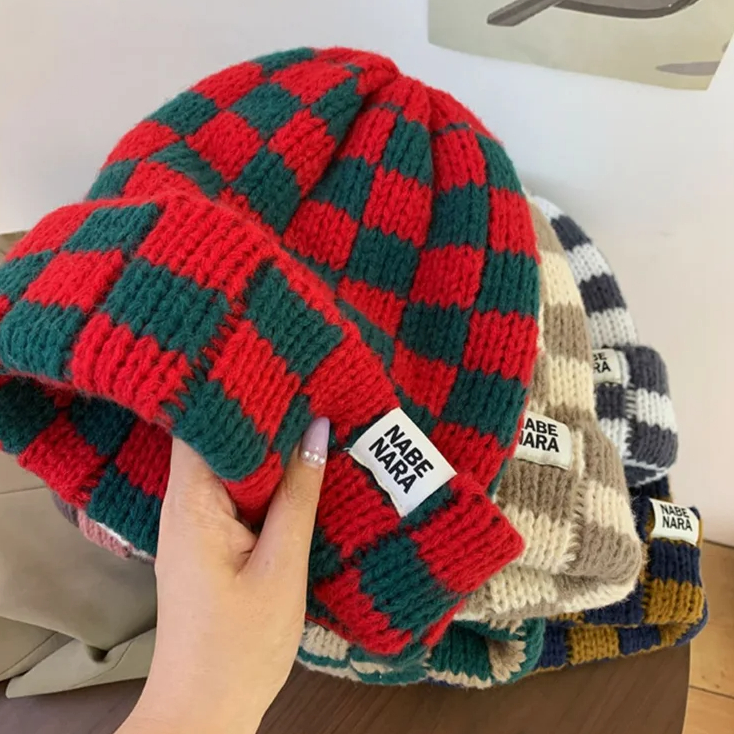 Checkerboard Knit Foldover Beanie Hat (8 Colours)