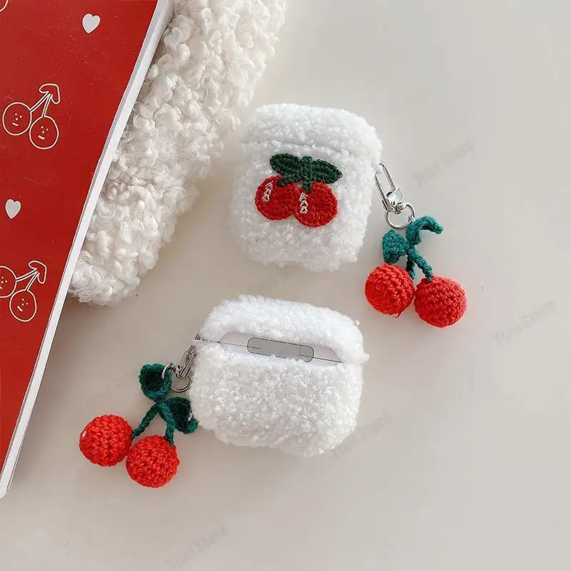 Teddy Fur Cherry AirPods Charger Case Cover with Charm Strap