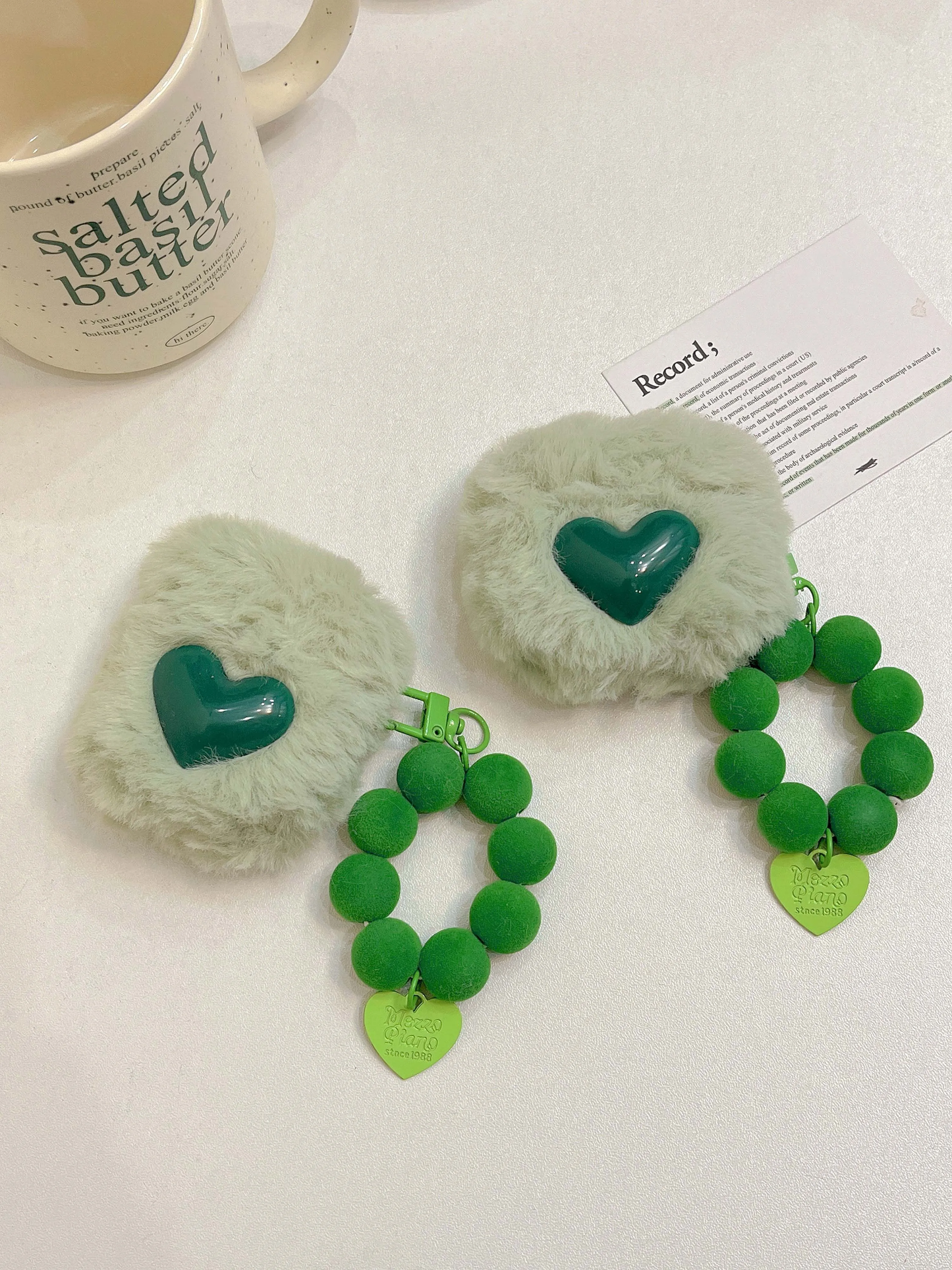 Plush Green Heart AirPods Charger Case Cover with Charm Strap