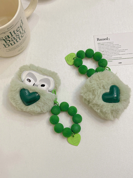 Plush Green Heart AirPods Charger Case Cover with Charm Strap