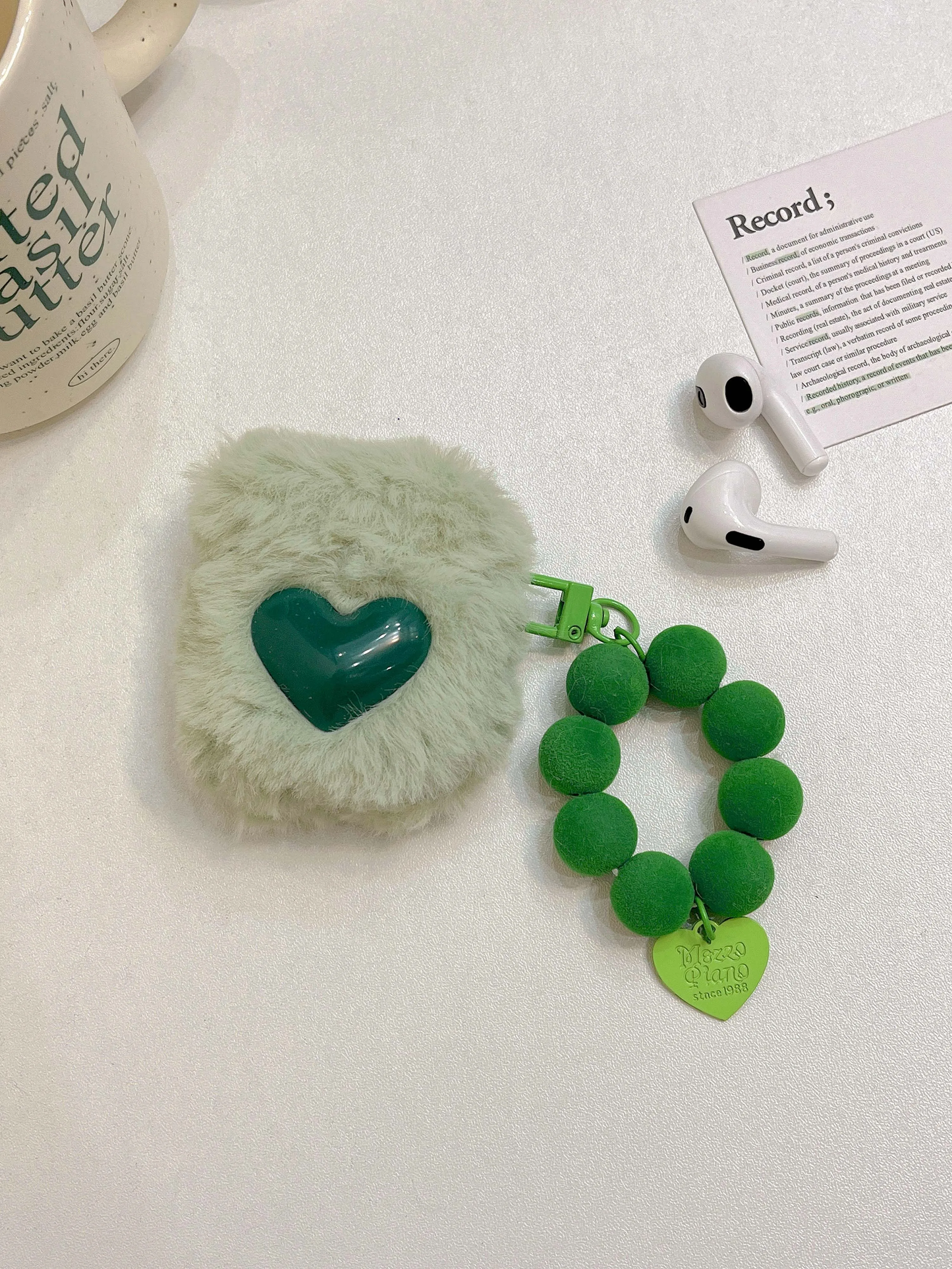 Plush Green Heart AirPods Charger Case Cover with Charm Strap