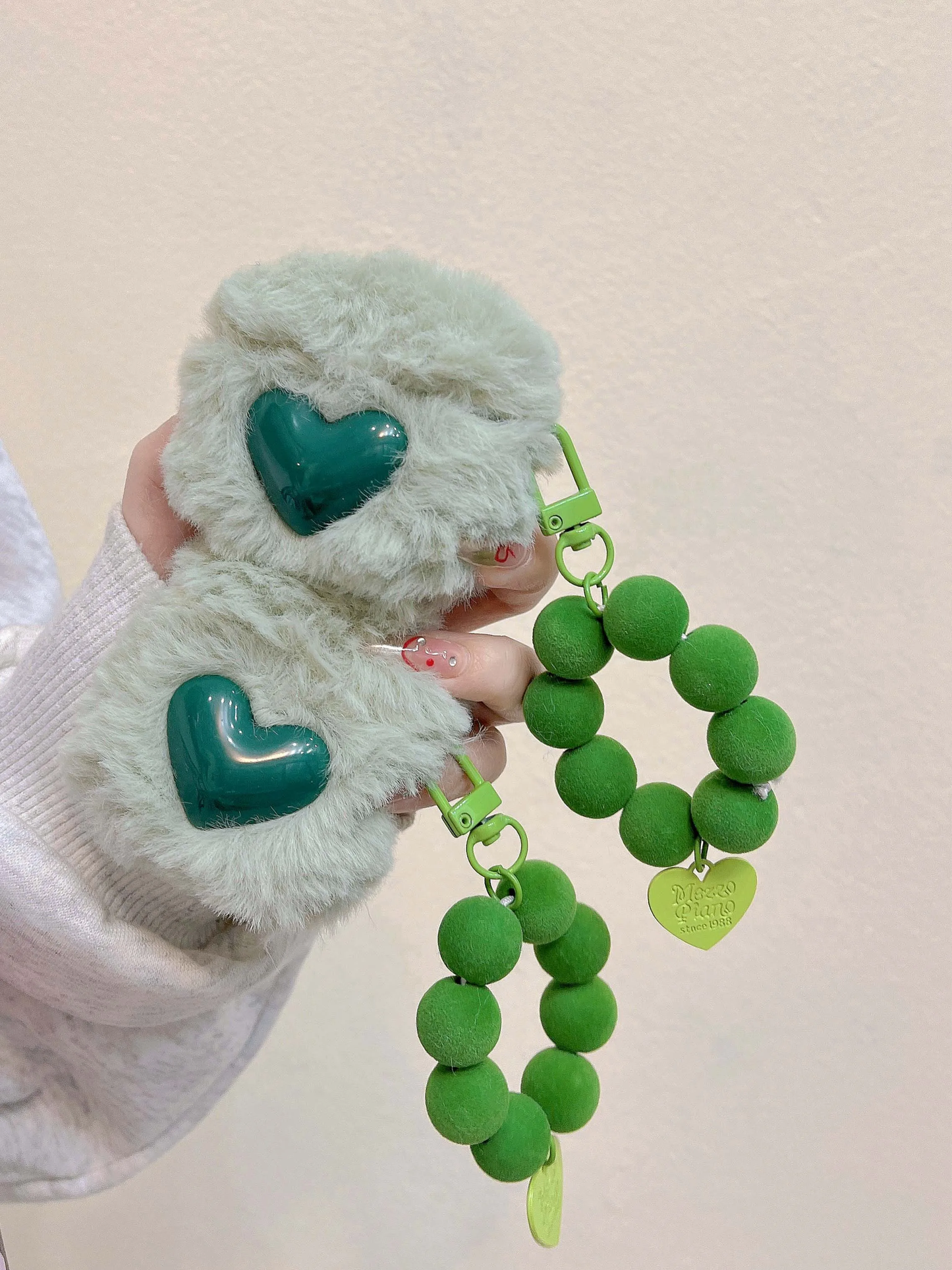 Plush Green Heart AirPods Charger Case Cover with Charm Strap