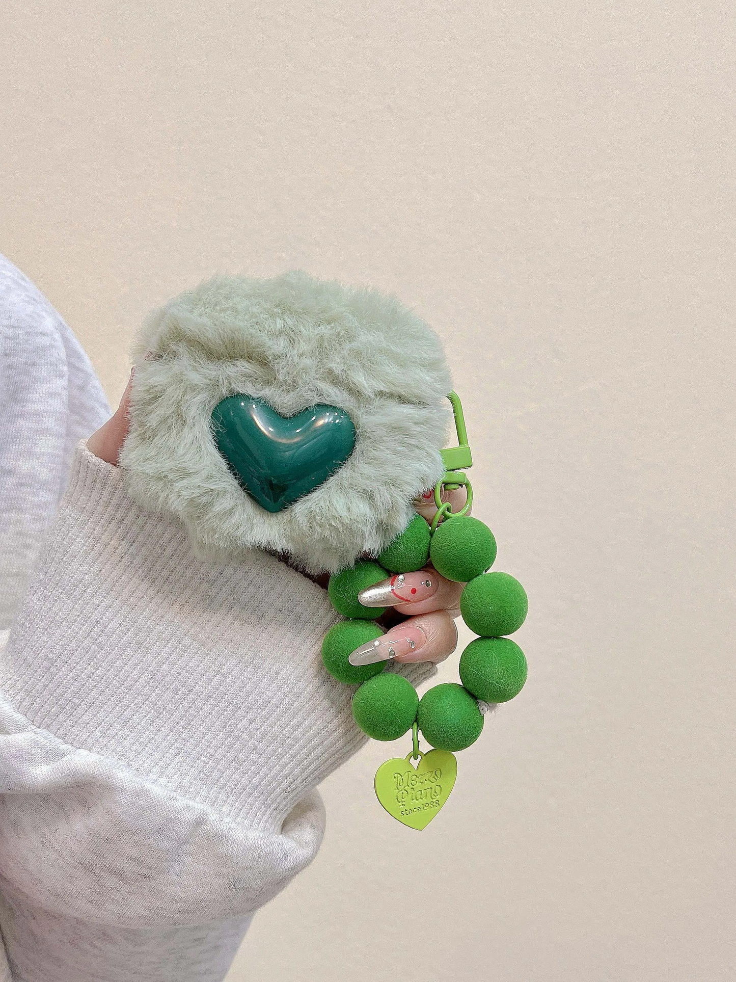 Plush Green Heart AirPods Charger Case Cover with Charm Strap