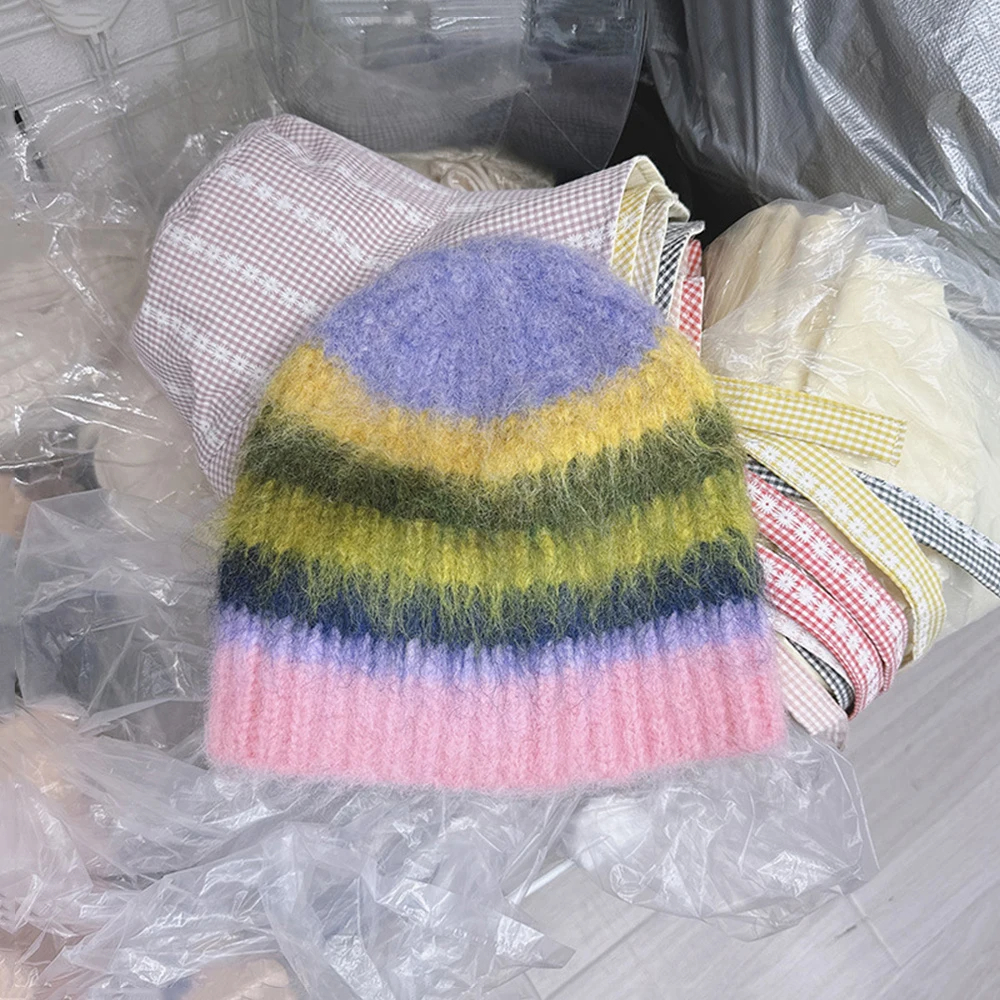 Fluffy Striped Beanie Hat (5 Colours)