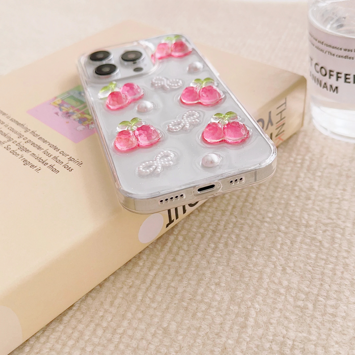 Resin Cherries and Pearl Bows iPhone Case with Charm Option