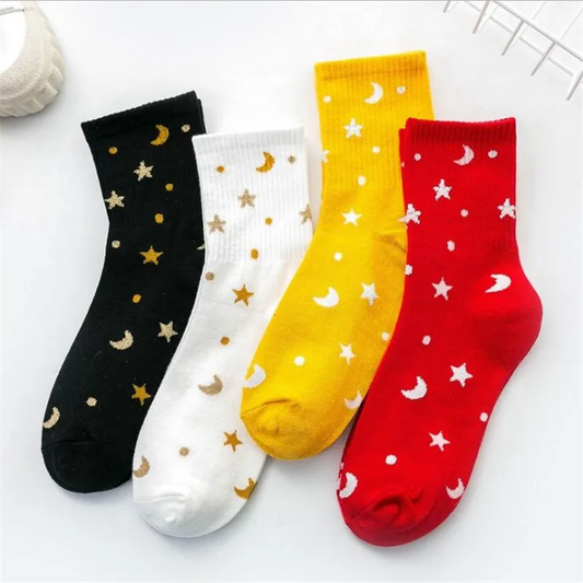 Star and Moon Pattern Crew Socks (4 Colours)