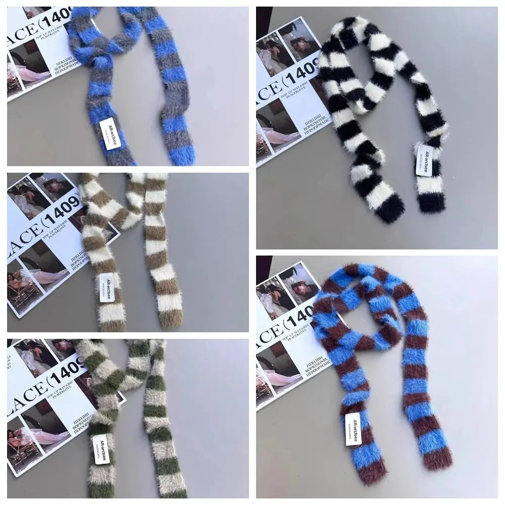 y2k Fluffy Striped Skinny Scarf (5 Colours)