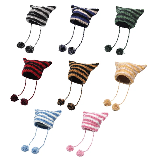 Crochet Striped Kitty Ear Beanie Hat with Pom Poms (8 Colours)