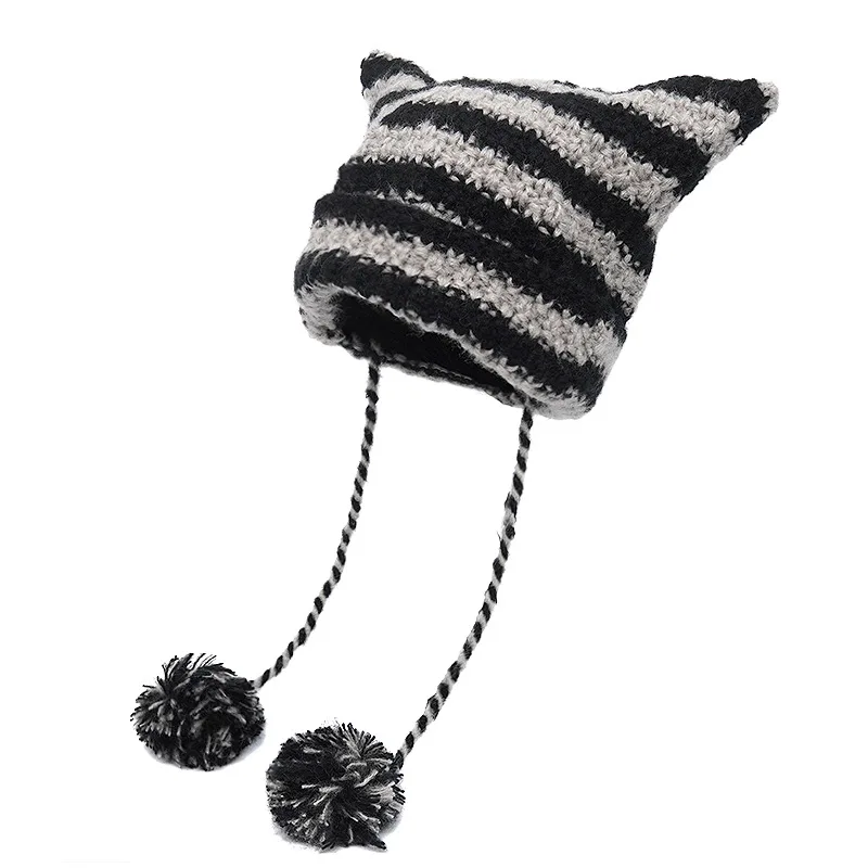 Crochet Striped Kitty Ear Beanie Hat with Pom Poms (8 Colours)