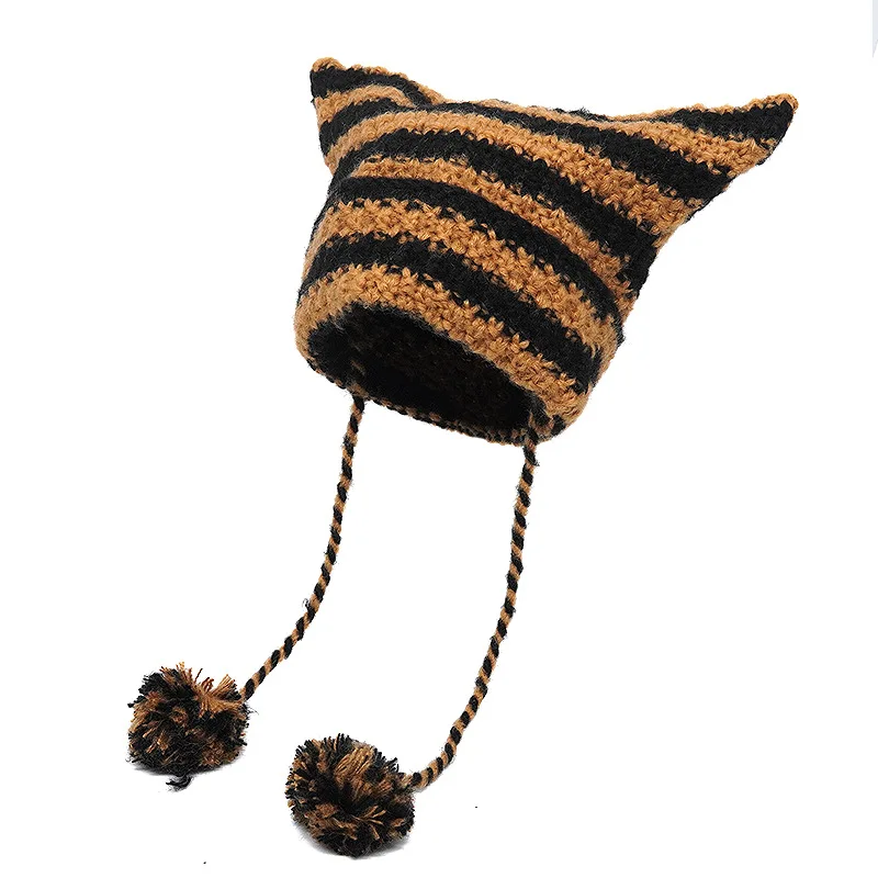 Crochet Striped Kitty Ear Beanie Hat with Pom Poms (8 Colours)