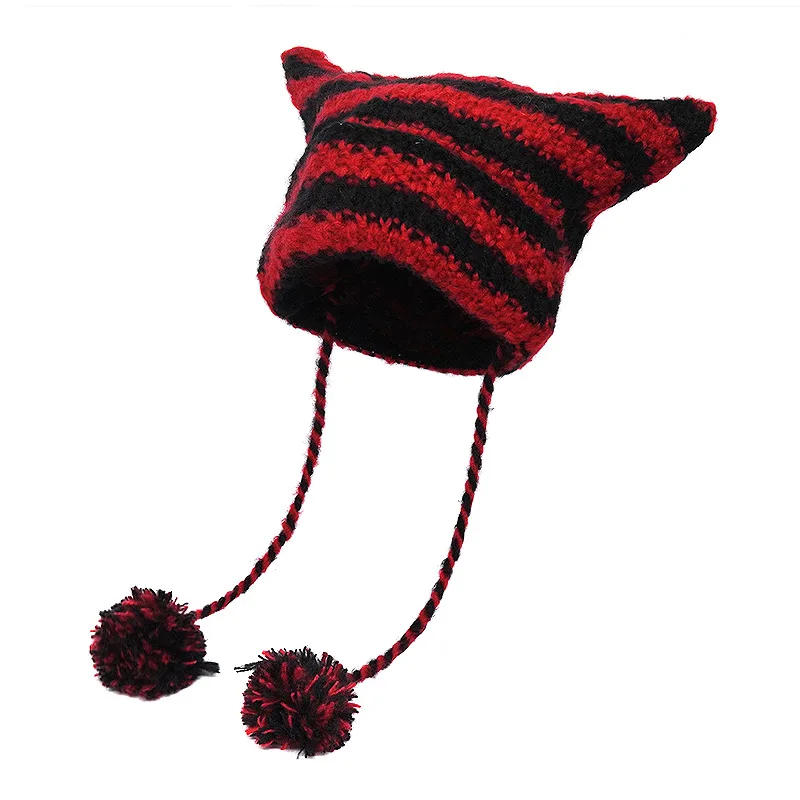 Crochet Striped Kitty Ear Beanie Hat with Pom Poms (8 Colours)