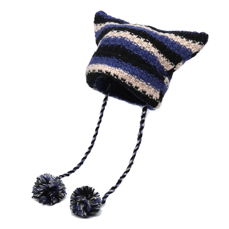 Crochet Striped Kitty Ear Beanie Hat with Pom Poms (8 Colours)