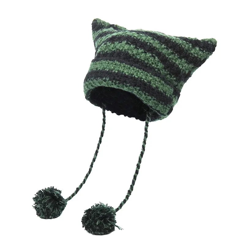 Crochet Striped Kitty Ear Beanie Hat with Pom Poms (8 Colours)