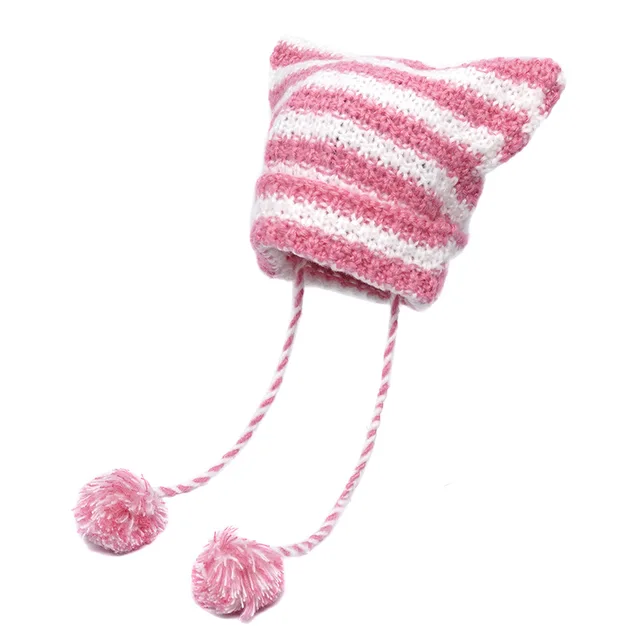 Crochet Striped Kitty Ear Beanie Hat with Pom Poms (8 Colours)