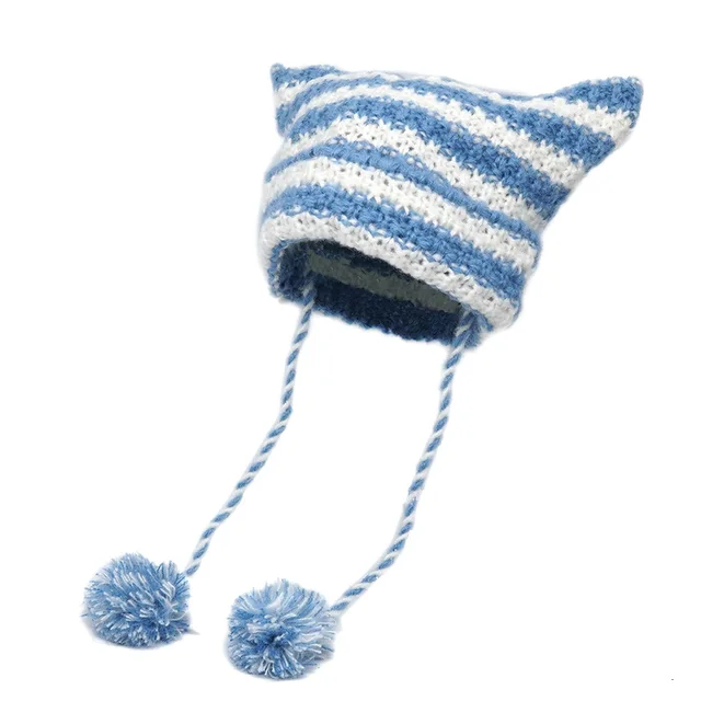 Crochet Striped Kitty Ear Beanie Hat with Pom Poms (8 Colours)