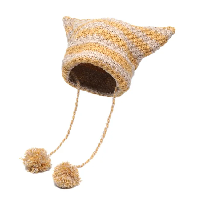 Crochet Striped Kitty Ear Beanie Hat with Pom Poms (8 Colours)