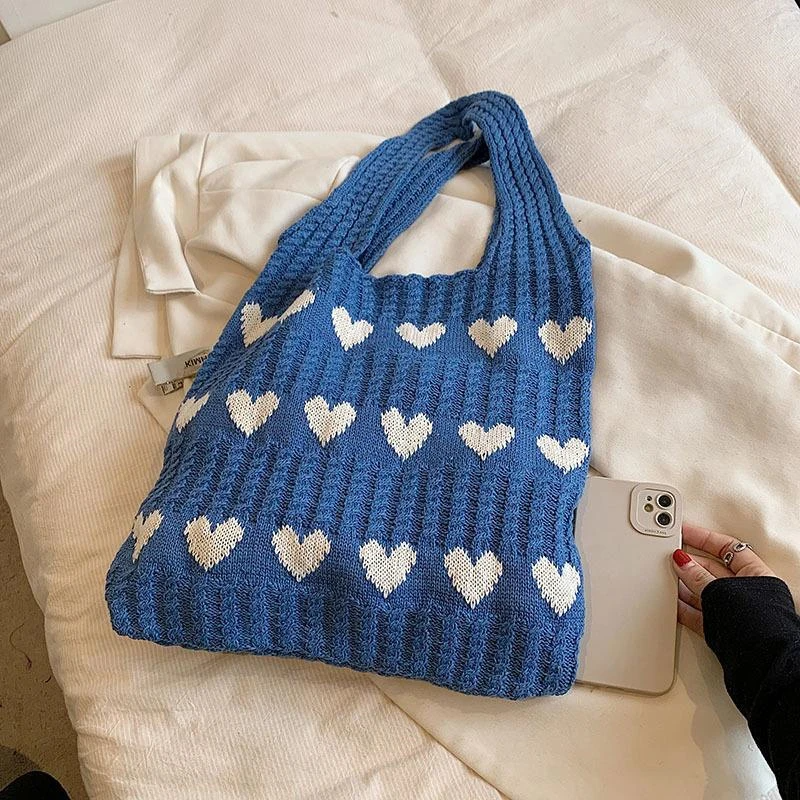 Retro Knitted Heart Tote Bag (4 Colours)