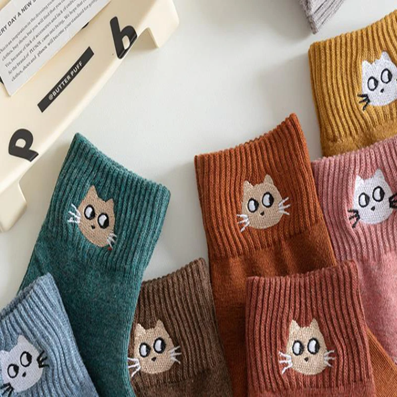 Cat Face Embroidery Crew Socks (10 Colours)