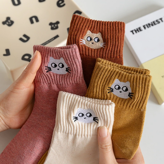 Cat Face Embroidery Crew Socks (10 Colours)