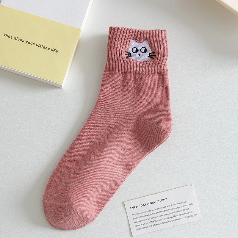 Cat Face Embroidery Crew Socks (10 Colours)