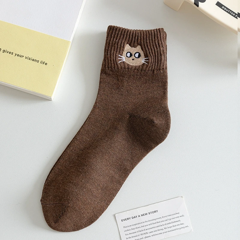 Cat Face Embroidery Crew Socks (10 Colours)