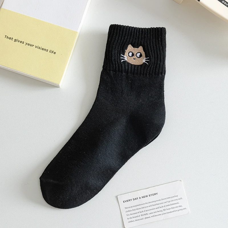 Cat Face Embroidery Crew Socks (10 Colours)