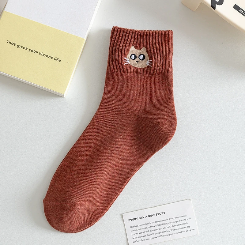 Cat Face Embroidery Crew Socks (10 Colours)