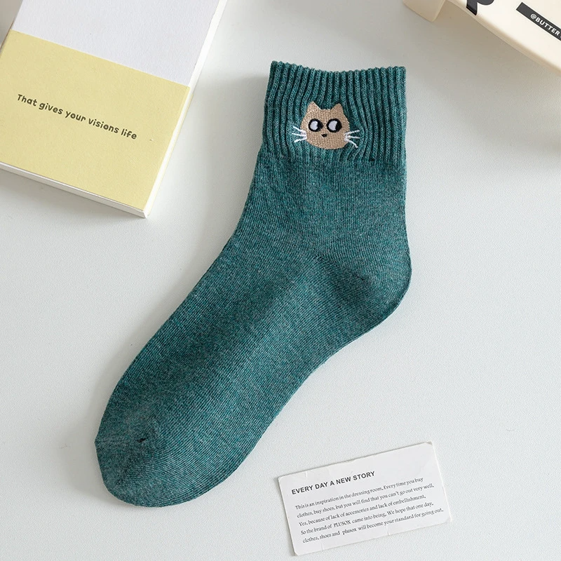 Cat Face Embroidery Crew Socks (10 Colours)