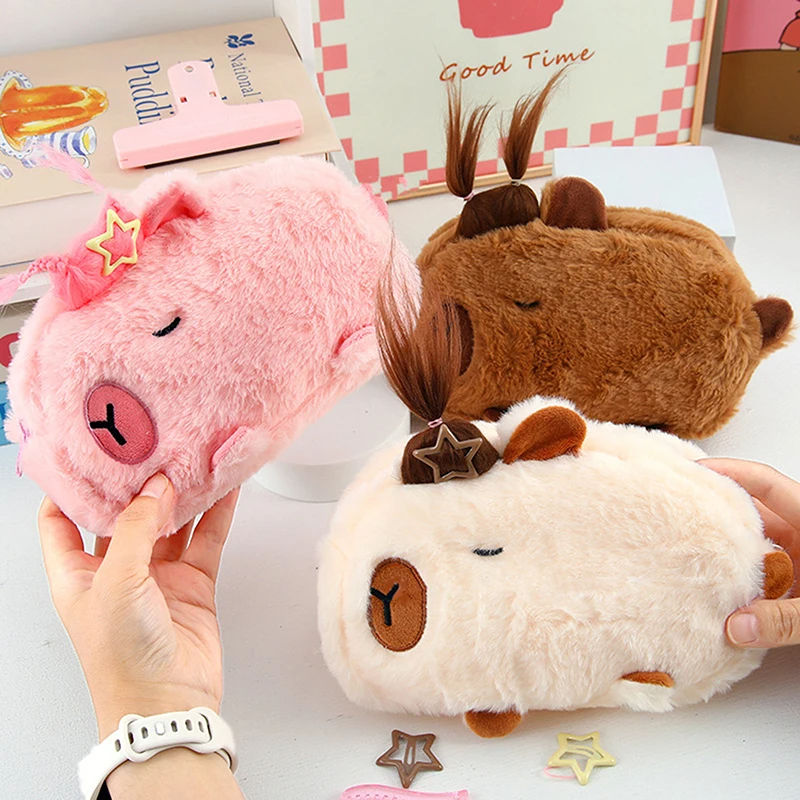 Plush Capybara Pencil Case with Hair Tuft (3 Designs)