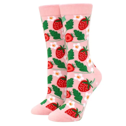 Pink Floral Strawberry Crew Socks