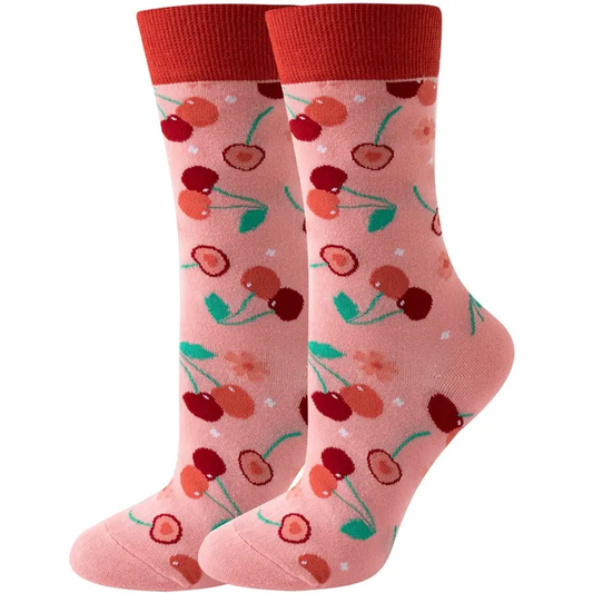 Pink Floral Cherry Crew Socks