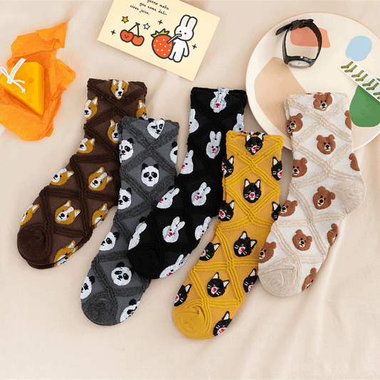 Animal Face Diamond Texture Ankle Socks (5 Designs)