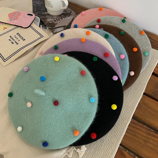 Rainbow Pom Pom Beret Hat (6 Colours)