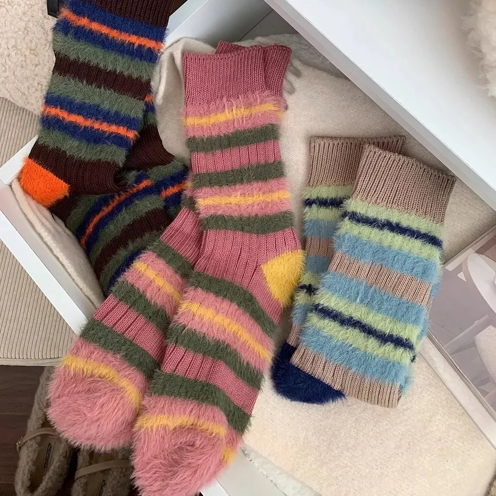 Fuzzy Stripe Crew Socks (3 Colours)