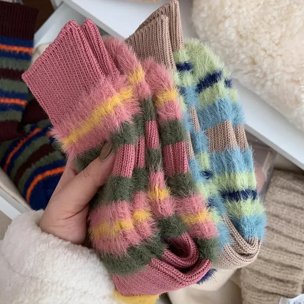 Fuzzy Stripe Crew Socks (3 Colours)