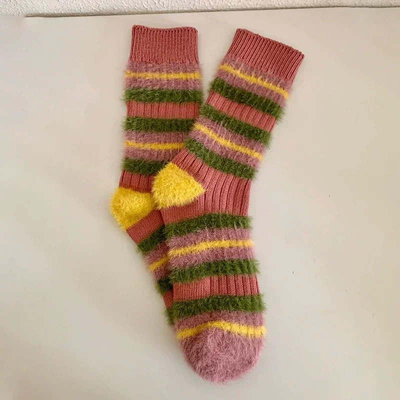 Fuzzy Stripe Crew Socks (3 Colours)