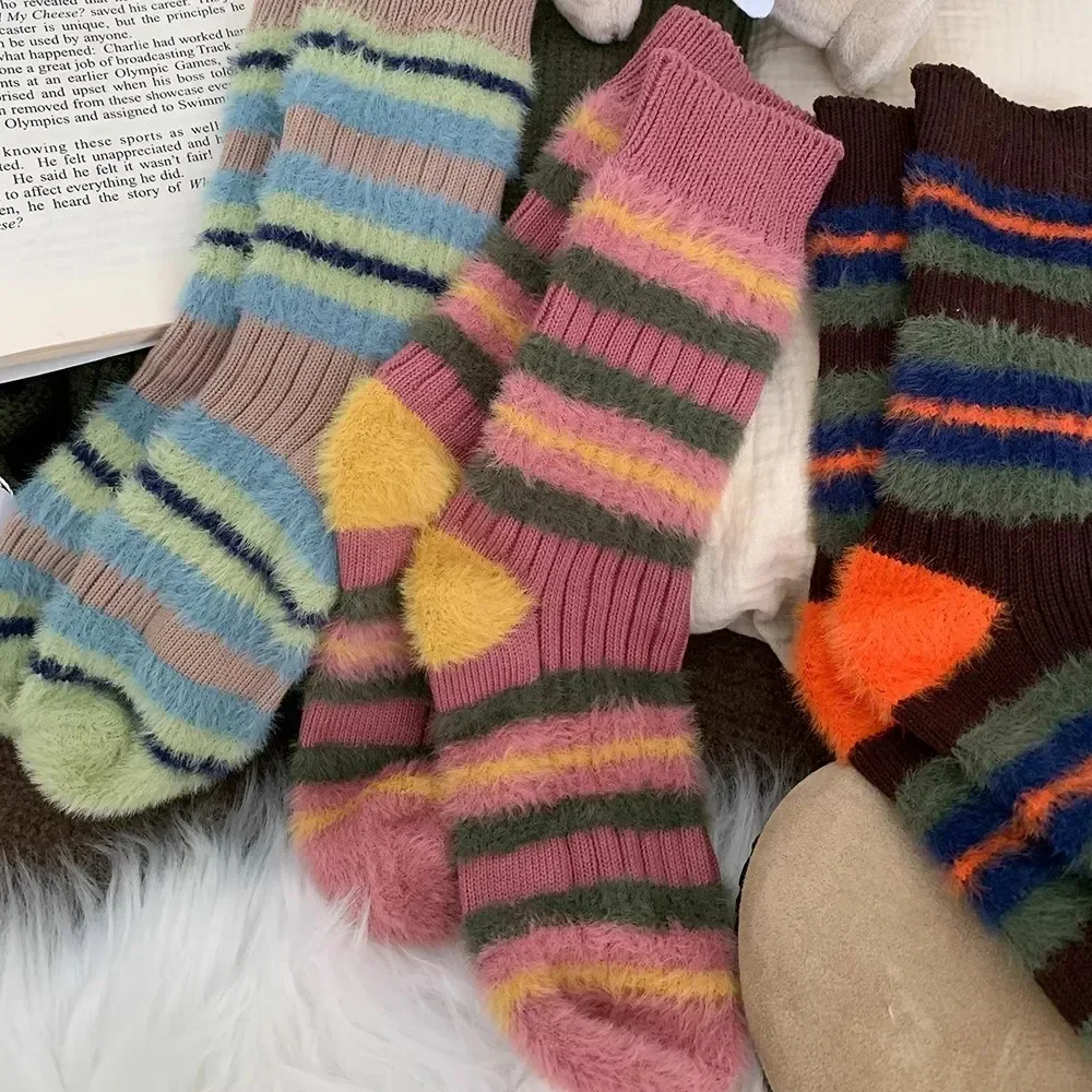 Fuzzy Stripe Crew Socks (3 Colours)