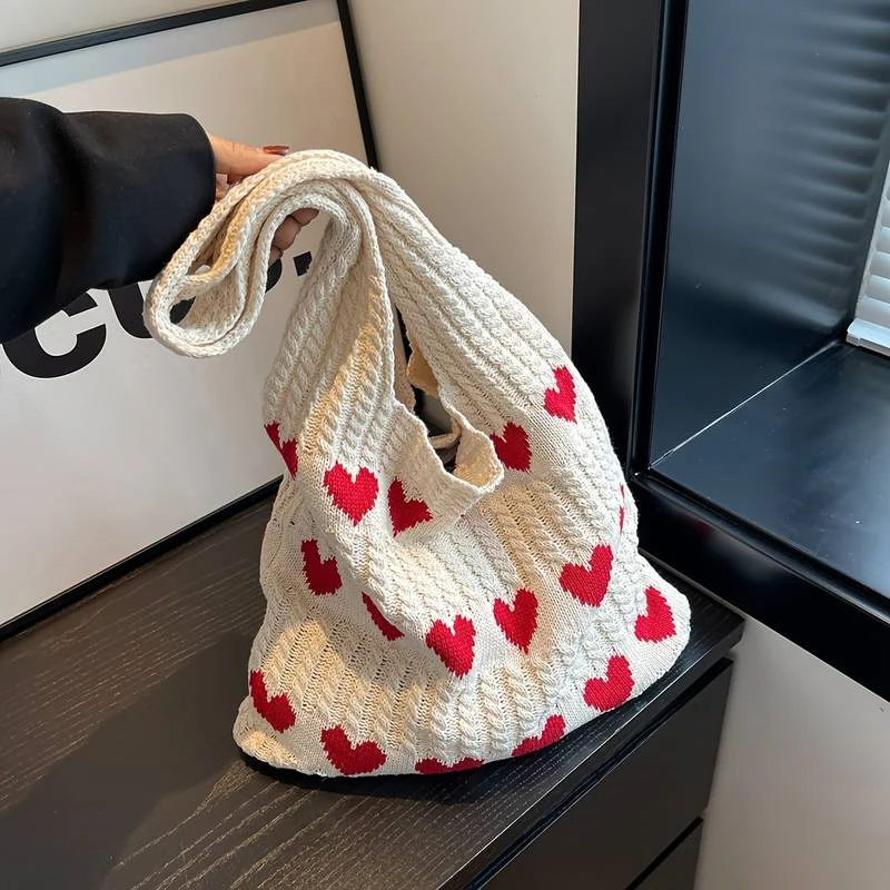 Retro Knitted Heart Tote Bag (4 Colours)