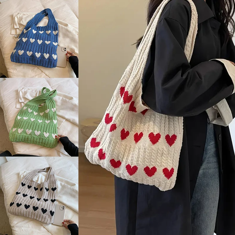 Retro Knitted Heart Tote Bag (4 Colours)