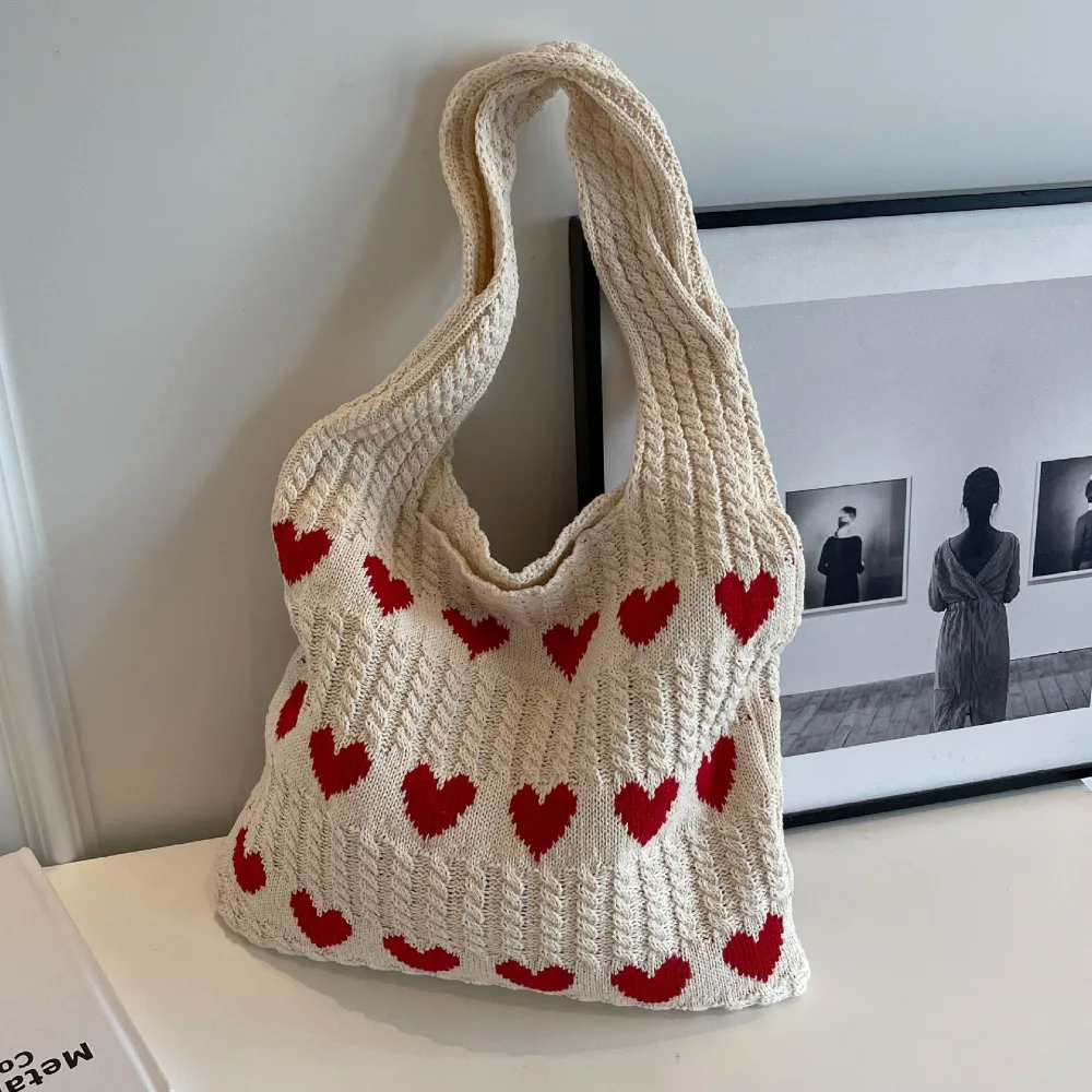 Retro Knitted Heart Tote Bag (4 Colours)