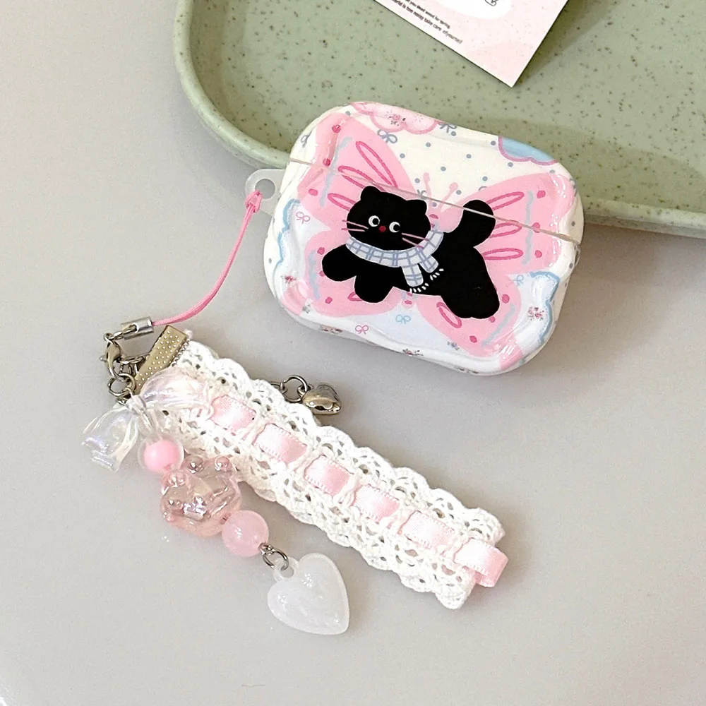 Butterfly Cat AirPods Charger Case Cover with Charm Strap