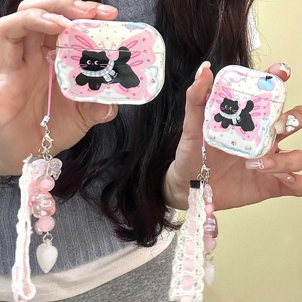 Butterfly Cat AirPods Charger Case Cover with Charm Strap